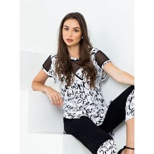 Women's Sheer Tunic Top Size L Black White Print Scoop Neck Artex Fashions NWT